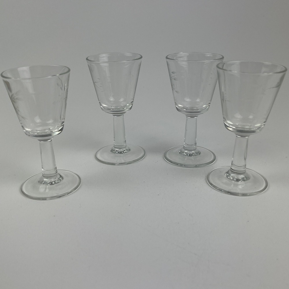 Set of 4 Clear Cordial Crystal Etched Drink Glasses Mini Stemware Made In France